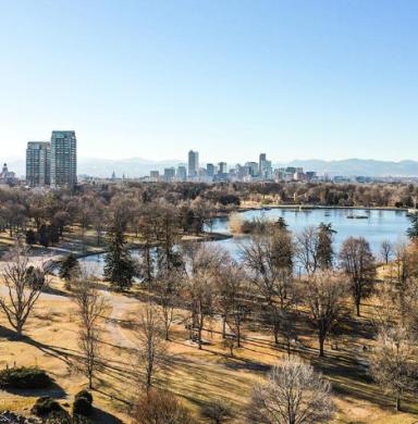 Photo of Denver landscape with trees, water