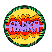 Cover art for Anika Erickson's "Oyster" -- a popart image of the name Anika in purple, red, and orange, set in a yellow circle with a rainbow edge. 
