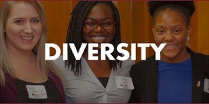 Image from the top of the DCB Diversity Statement webpage, featuring three women of different skin tones. The word "Diversity" is written over the photo.