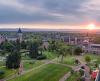 Drone view of campus at sunset