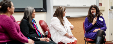 Dakota Hoska speaking with panel at February 2020 ACE event.
