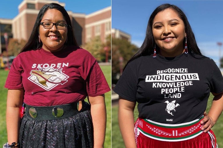 Native students Alexis White Hat and Raelene Woody