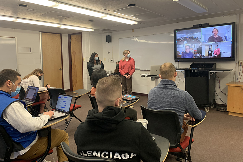 Current students Ana Ortega (’23) and Tori Everson (’22) participate in the Media Ethics Speaker Series with DU graduates Kevin Fixler (‘07) and Andy Clayton (MS ’96).