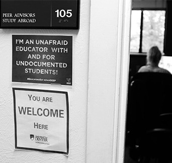 A sign on the OIE officer's door reading, "I'm an unafraid educator with and for undocumented students."