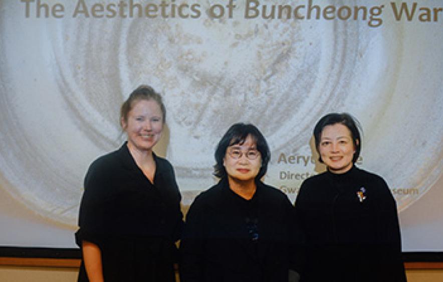 2023 Lanius Lecturer Lee Aeryung (center) with DU professor Sarah Magnatta and translator Minsoo Song