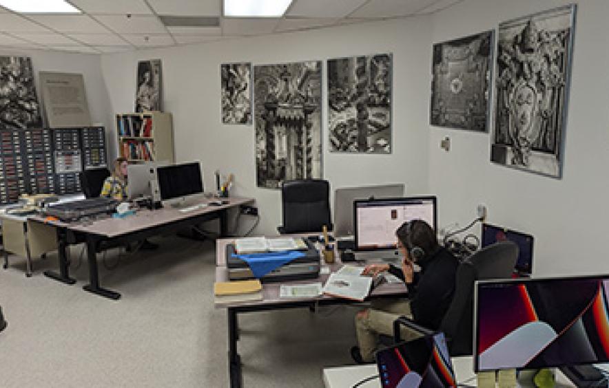 Graduate students work in the Visual Media Center