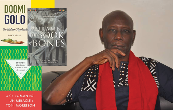 Photo of Boubacar Boris Diop overlaid with book covers including "Doomi Golo—The Hidden Notebooks" and "Murambi, The Book of Bones"