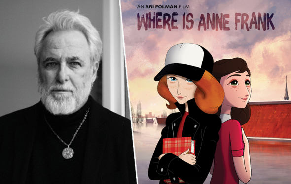Photo of filmmaker ARi Folman with poster for his film, Where is Anne Frank.