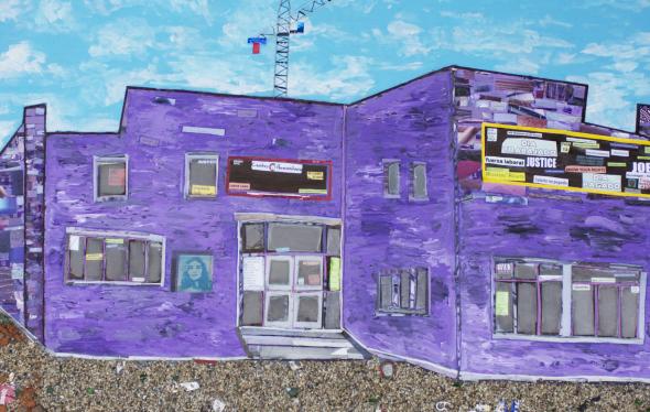Purple building on blue background, image from Laboring for Justice exhibit