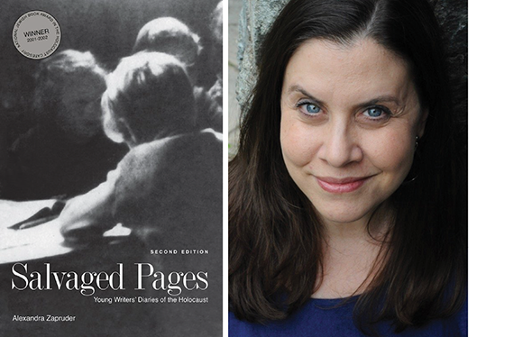 Image of Alexandra Zapruder next to her book cover, showing several children in black and white and the title: "Salvaged Pages: Young Writers Diaries of the Holocaust"