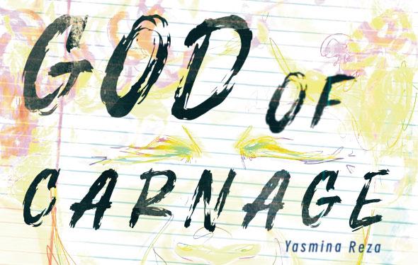 God of Carnage poster, showing the title "God of  Carnage" and a image of a face doodled over lined paper.