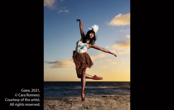 Model dancing in front of California Coast in Indigenous designed ballet wear