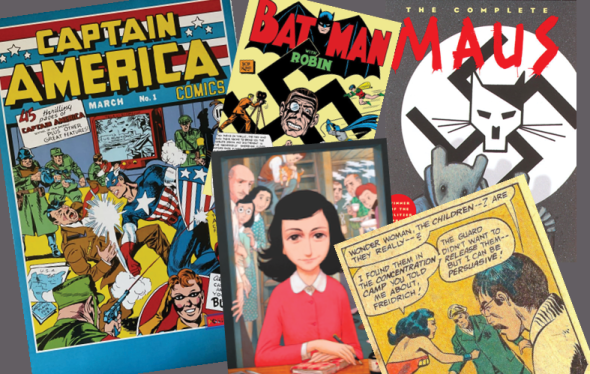Image with overlapping comic book covers including Captain America, Batman & Robin, and Maus.