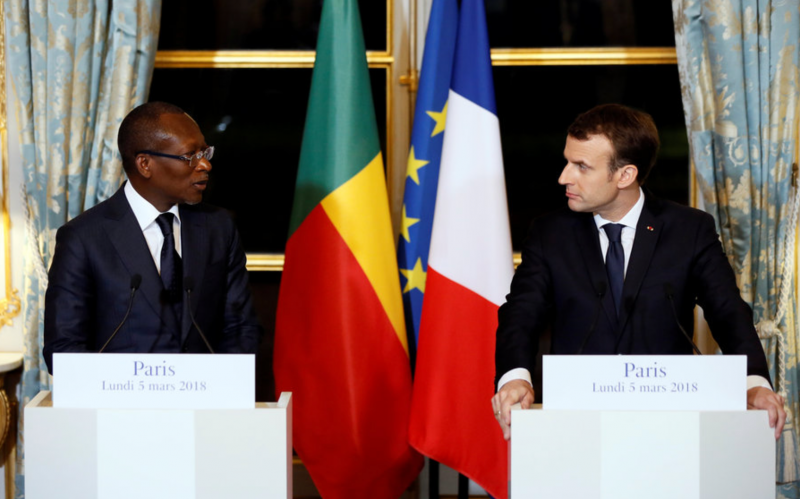 French President Emmanuel Macron and President Patrice Talon of Benin hold a joint press conference after a meeting at the Elysee Palace in Paris, France, March 5, 2018. From csmonitor.com