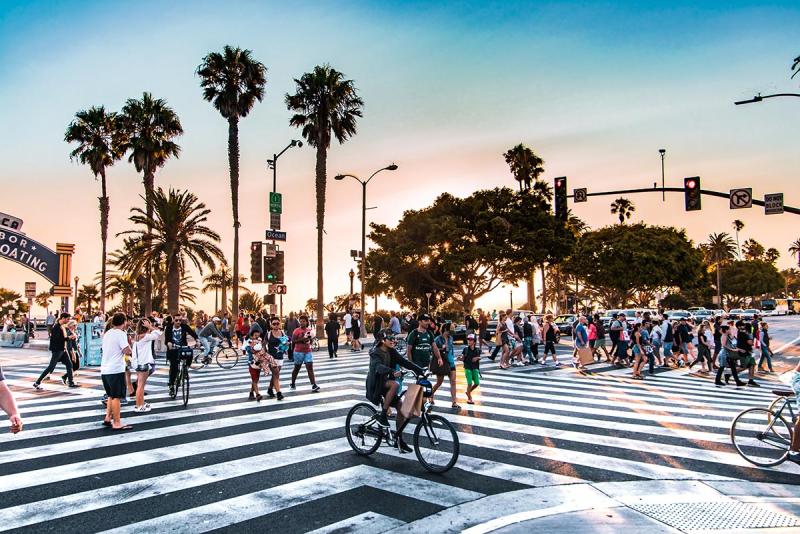 crowd of people at California crosswalk