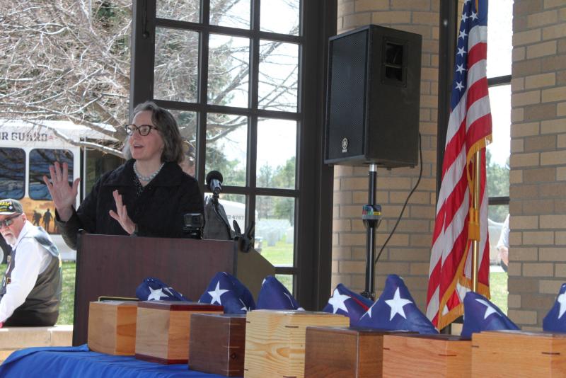 Professor Carol Helstosky speaking at “Final Roll Call” ceremony honoring veterans inurned at Fort Logan National Cemetery, April 17, 2024. 