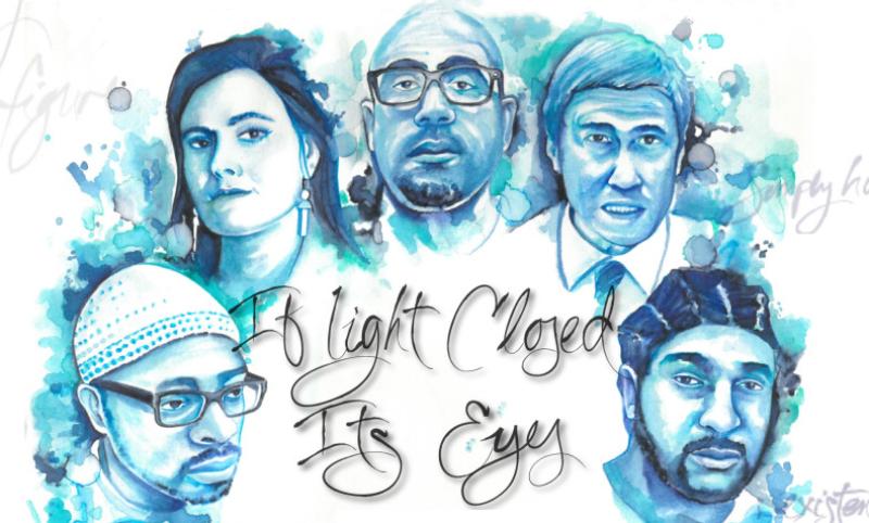 "If Light Closed Its Eyes" title surrounded by faces in blue watercolor style.