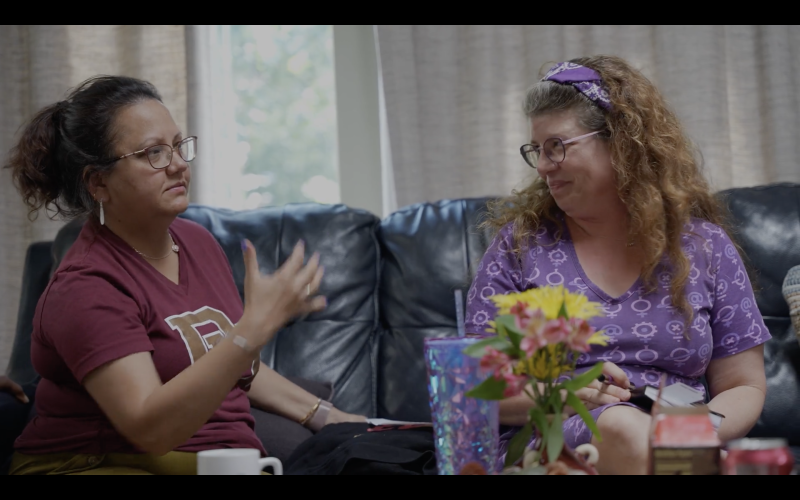 Women in STEM conversing on a couch about how to highlight women in their field through filmmaking.
