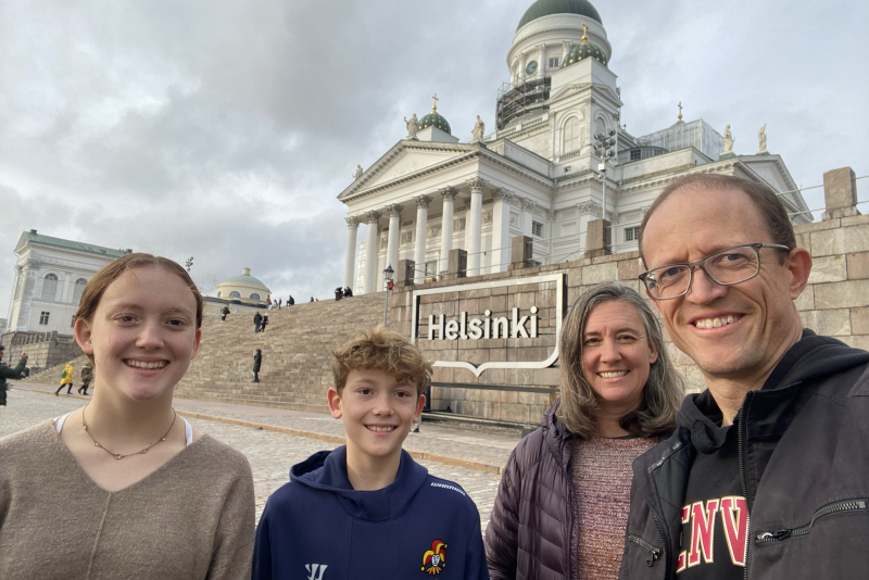 The Wilson family in front of the University of Helsinki.