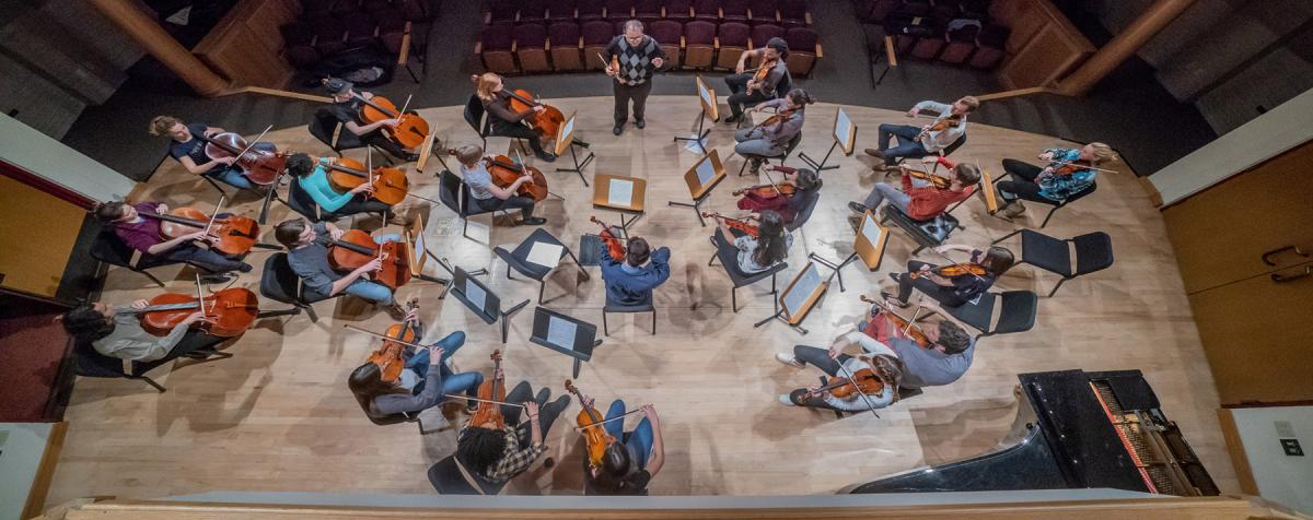 aerial shot of rehearsing orchestra