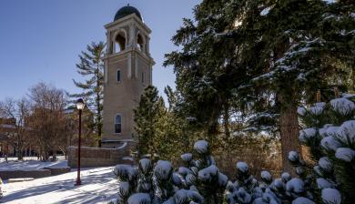 A snowy scene on the University of Denver campus.