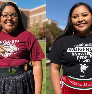Native students Alexis White Hat and Raelene Woody