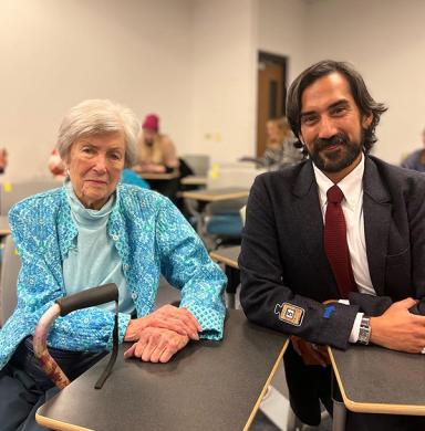 Mary Lanius sits with 2022 Lanius Lecturer Siddhartha Shah.