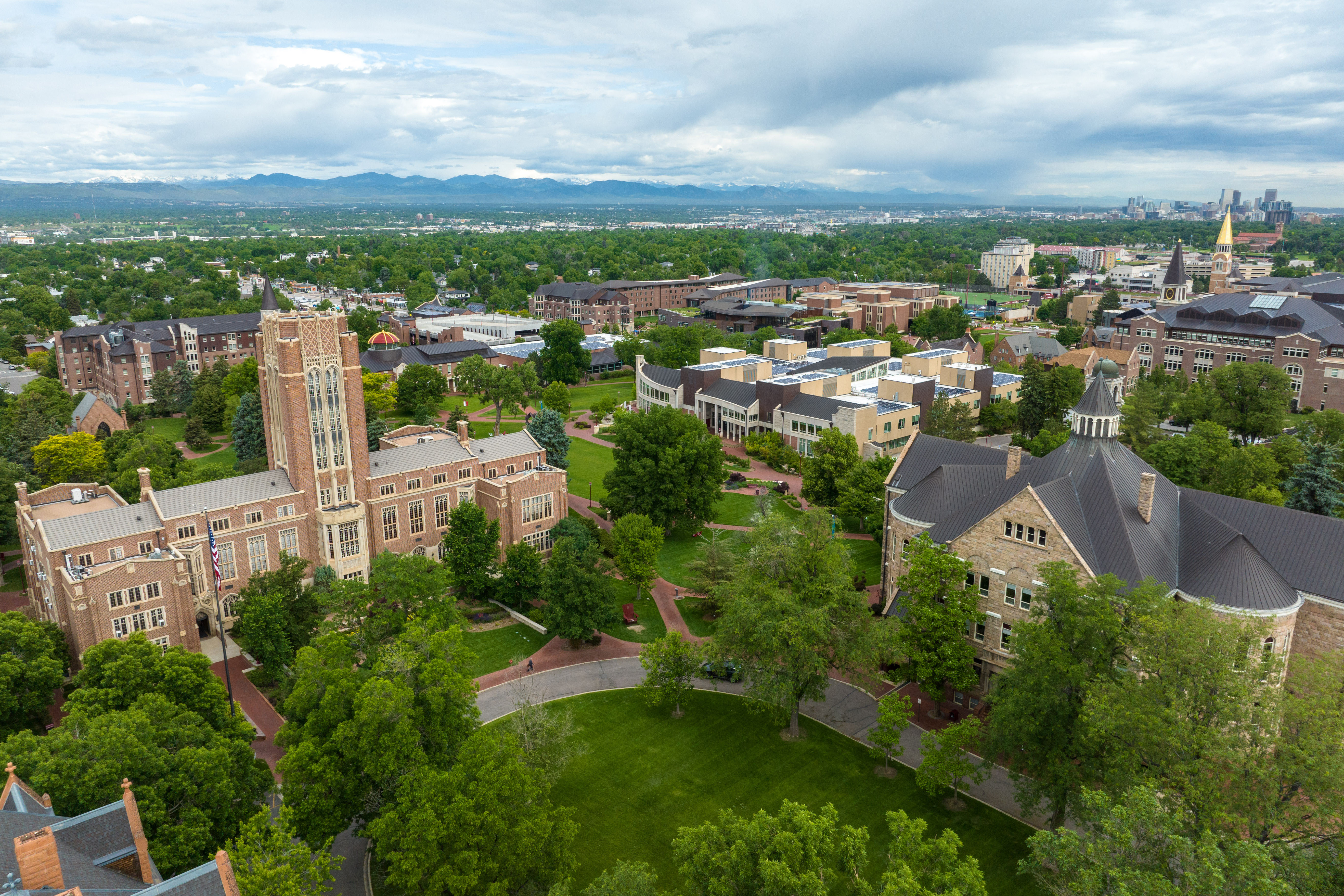 An aerial view of the Mary Reed building on DU's campus.