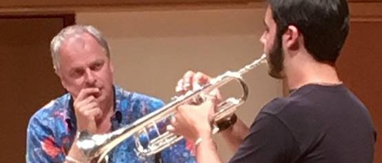 Jens Lindemann works with a student during a trumpet master class.